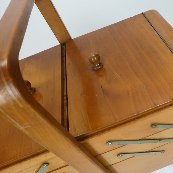 Image 1 of 1930s SEWING BOX art deco cherry wood sewing box on wheels