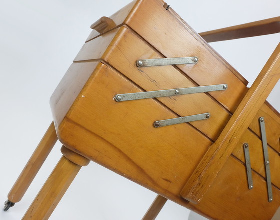 Image 1 of 1930s SEWING BOX art deco cherry wood box on wheels