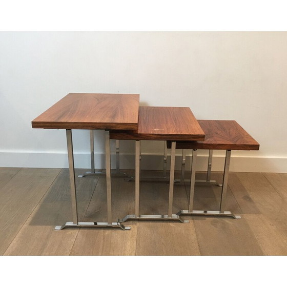 Image 1 of Set of 3 vintage nesting tables in exotic wood and chrome, France 1970