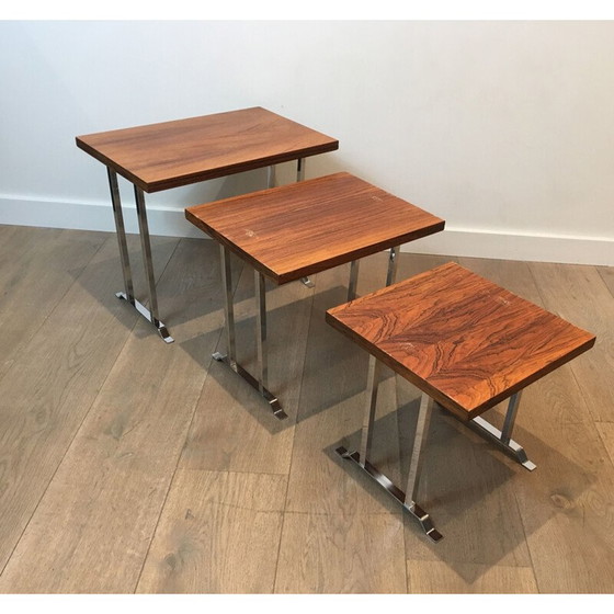 Image 1 of Set of 3 vintage nesting tables in exotic wood and chrome, France 1970