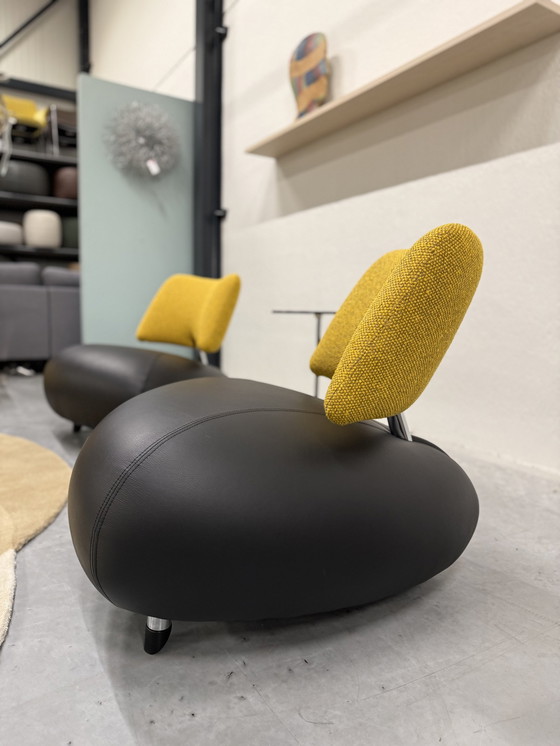 Image 1 of 2 Leolux Pallone Armchair Black Leather Yellow Fabric