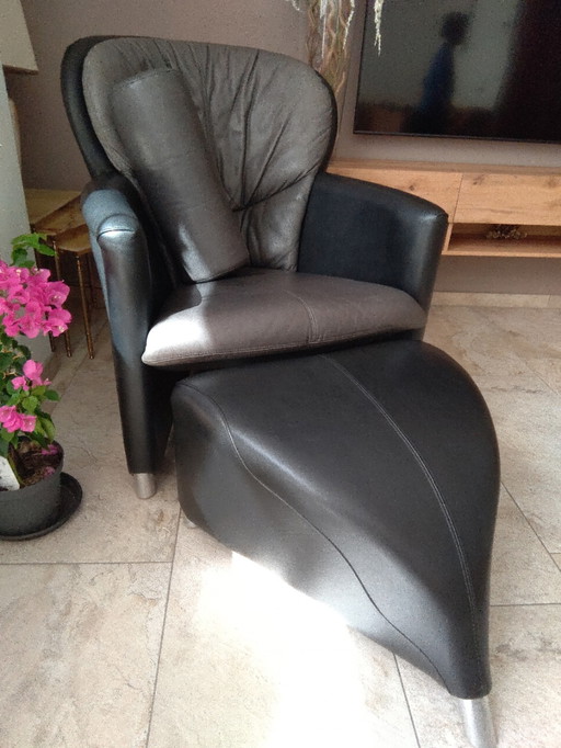 Leolux Excalibur en cuir bicolore avec pouf et coussin