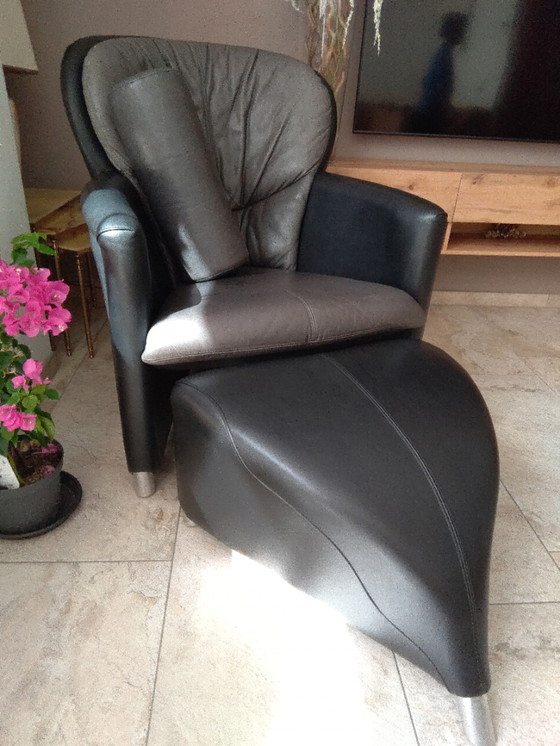 Image 1 of Leolux Excalibur en cuir bicolore avec pouf et coussin