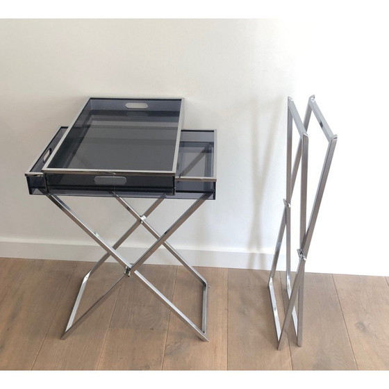 Image 1 of Pair of vintage plexiglass and chrome side tables, 1970s