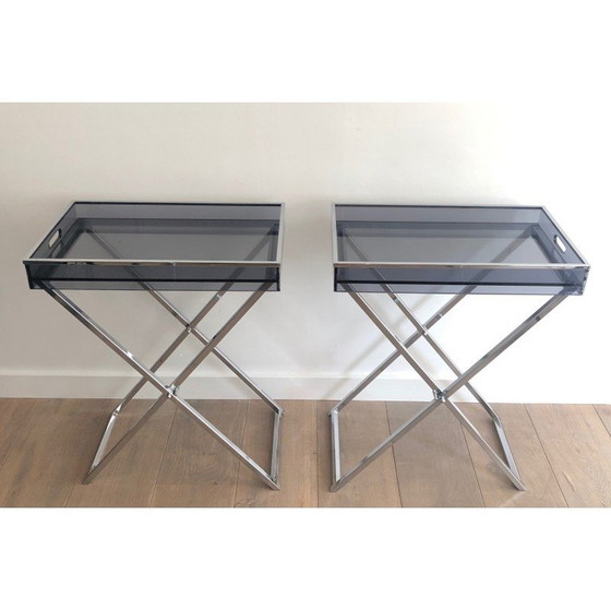 Image 1 of Pair of vintage plexiglass and chrome side tables, 1970s