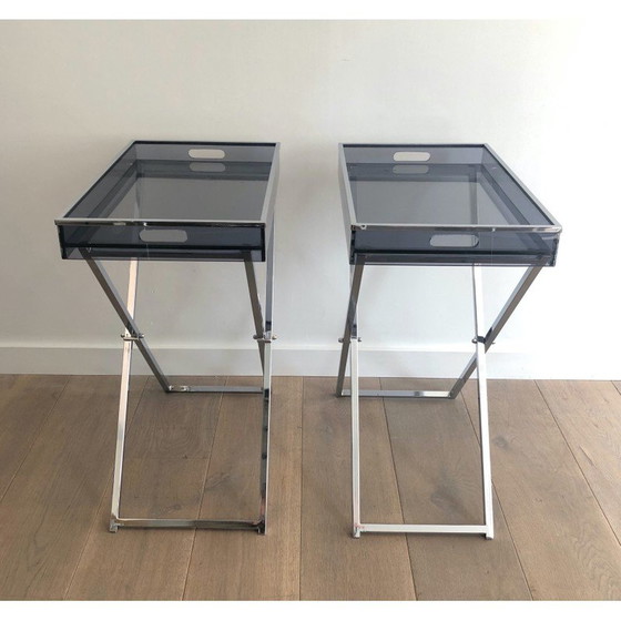 Image 1 of Pair of vintage plexiglass and chrome side tables, 1970s