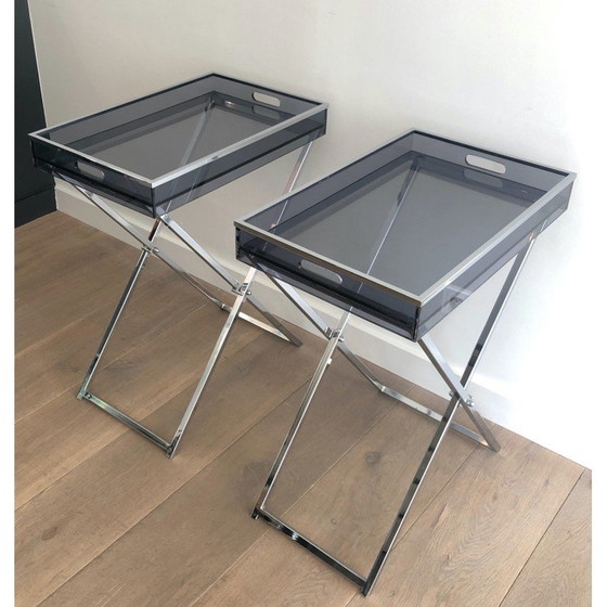 Image 1 of Pair of vintage plexiglass and chrome side tables, 1970s