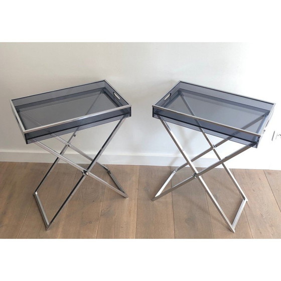 Image 1 of Pair of vintage plexiglass and chrome side tables, 1970s