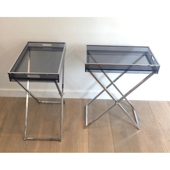 Image 1 of Pair of vintage plexiglass and chrome side tables, 1970s