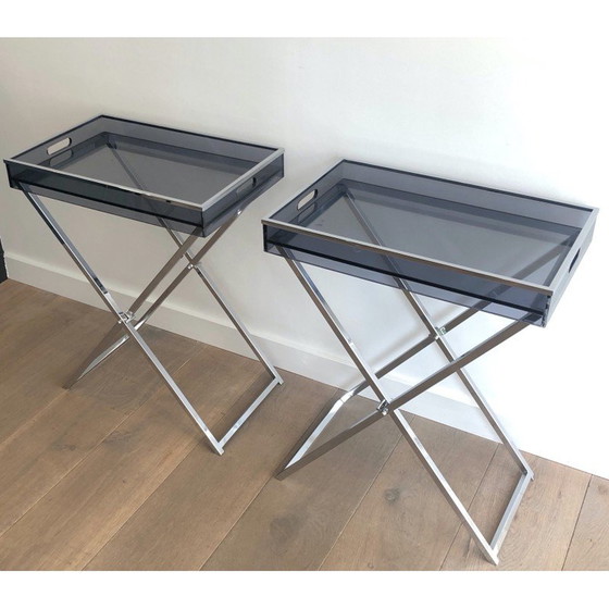 Image 1 of Pair of vintage plexiglass and chrome side tables, 1970s