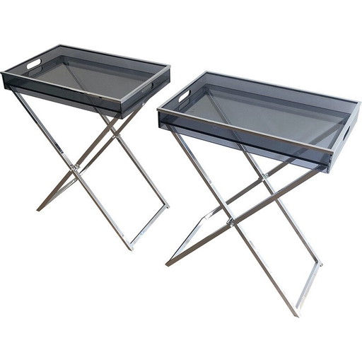 Pair of vintage plexiglass and chrome side tables, 1970s