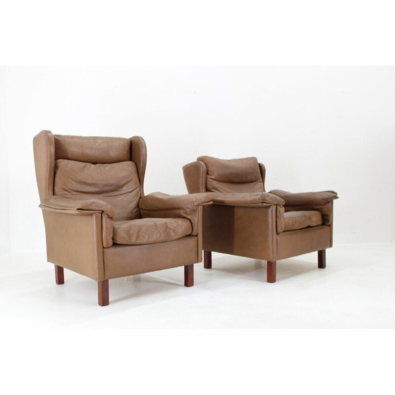 Image 1 of Pair of vintage brown leather armchairs, Denmark 1970s