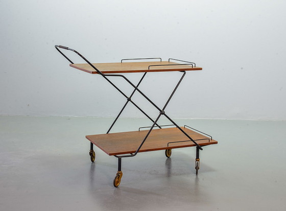 Image 1 of Scandinavian Minimalistic Foldable and Mobile Teak Tea Trolley on Black Steel Frame. Denmark, 1950s