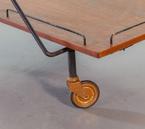 Image 1 of Scandinavian Minimalistic Foldable and Mobile Teak Tea Trolley on Black Steel Frame. Denmark, 1950s