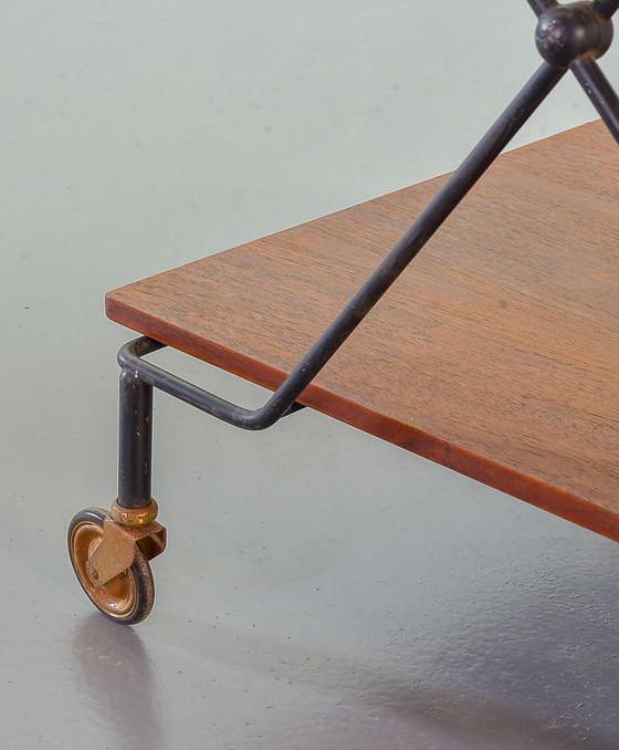 Image 1 of Scandinavian Minimalistic Foldable and Mobile Teak Tea Trolley on Black Steel Frame. Denmark, 1950s