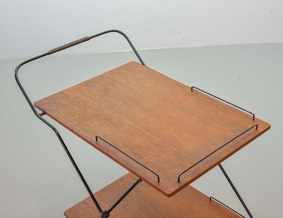 Image 1 of Scandinavian Minimalistic Foldable and Mobile Teak Tea Trolley on Black Steel Frame. Denmark, 1950s