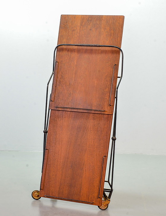 Image 1 of Scandinavian Minimalistic Foldable and Mobile Teak Tea Trolley on Black Steel Frame. Denmark, 1950s