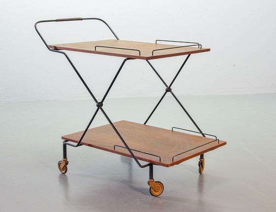 Image 1 of Scandinavian Minimalistic Foldable and Mobile Teak Tea Trolley on Black Steel Frame. Denmark, 1950s