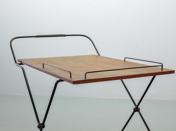 Image 1 of Scandinavian Minimalistic Foldable and Mobile Teak Tea Trolley on Black Steel Frame. Denmark, 1950s