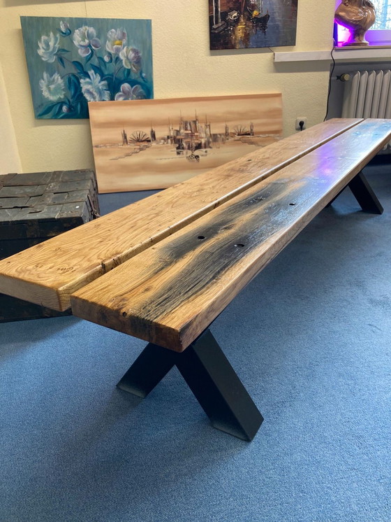 Image 1 of Set of 2 Benches in an industrial look with antique wagon planks