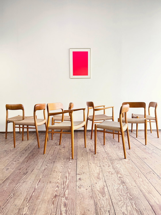 Image 1 of Mid-Century Danish Model 56 and 75 Chairs in Oak by Niels O. Møller for JL Møllers Furniture Factory, 1950s, Set of 8