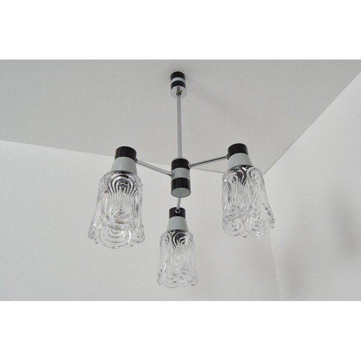 Vintage glass chrome metal lacquered chandelier by Drukov, Czechoslovakia 1960