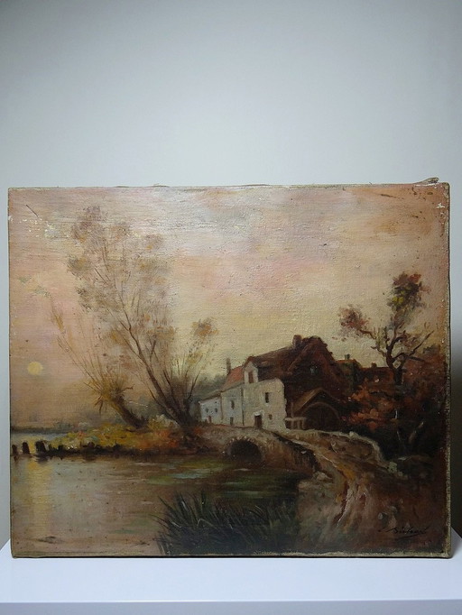 Large Painting Farm On Pond Antique Xixth Century Signature Oil On Linen Canvas