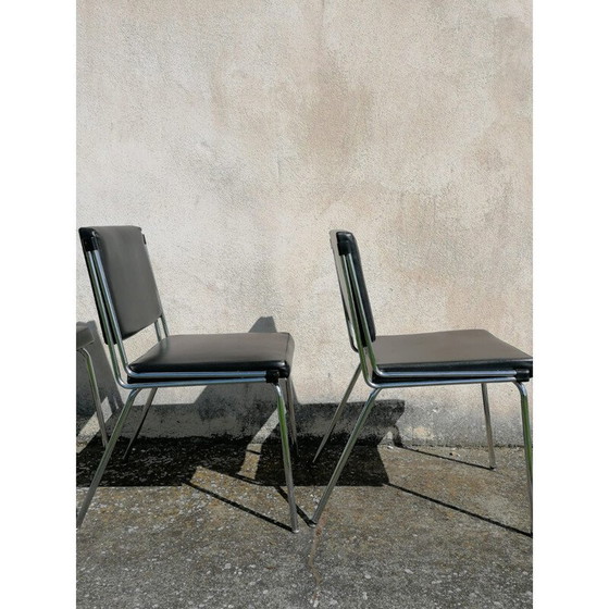 Image 1 of Set of 4 Vintage Chrome and Black Skai Chairs 1970