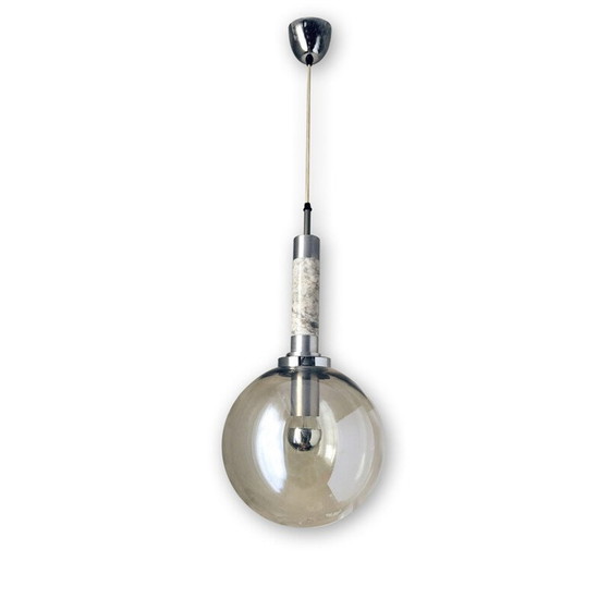 Image 1 of Lampada a sospensione vintage in marmo, acciaio inox spazzolato e vetro fumé, Italia 1970
