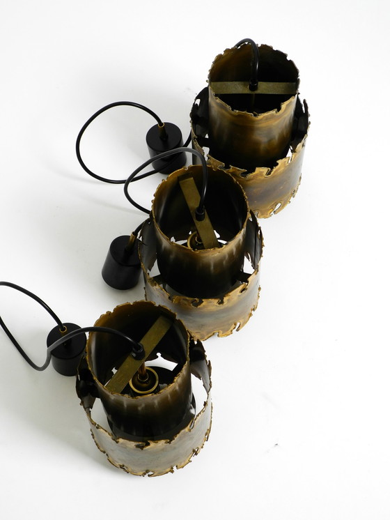 Image 1 of Three rare 1960s Danish brass pendant lamps by Holm Sørensen in Brutalist design