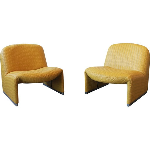 Coppia di poltrone vintage Alky in alluminio e pelle gialla intrecciata di Giancarlo Piretti per Castelli, Italia