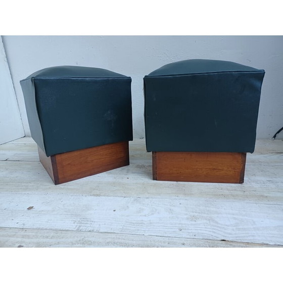 Image 1 of Pair of vintage poufs in pichpin and green leatherette, 1940