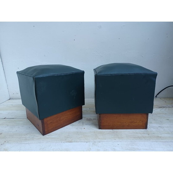 Image 1 of Pair of vintage poufs in pichpin and green leatherette, 1940