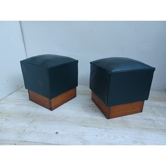 Image 1 of Pair of vintage poufs in pichpin and green leatherette, 1940