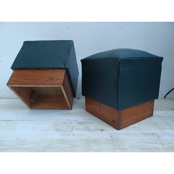 Image 1 of Pair of vintage poufs in pichpin and green leatherette, 1940
