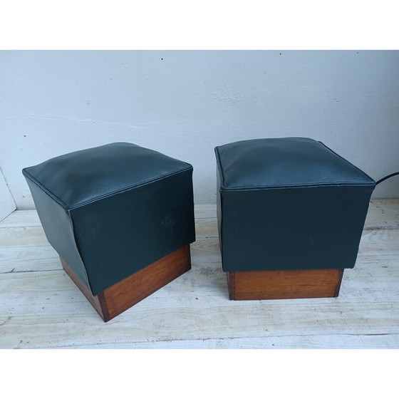 Image 1 of Pair of vintage poufs in pichpin and green leatherette, 1940
