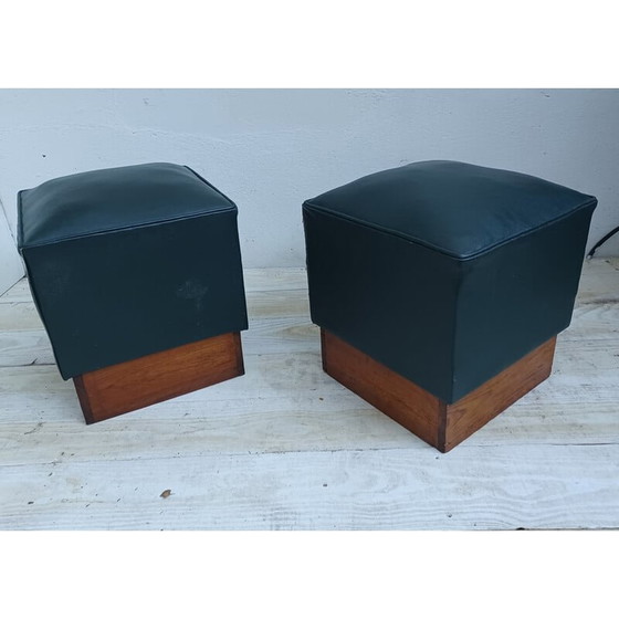 Image 1 of Pair of vintage poufs in pichpin and green leatherette, 1940