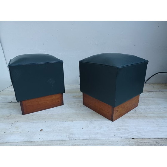 Image 1 of Pair of vintage poufs in pichpin and green leatherette, 1940