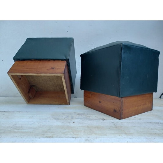 Image 1 of Pair of vintage poufs in pichpin and green leatherette, 1940