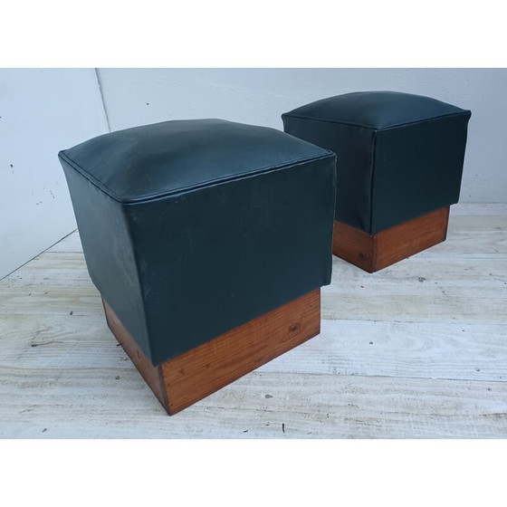 Image 1 of Pair of vintage poufs in pichpin and green leatherette, 1940