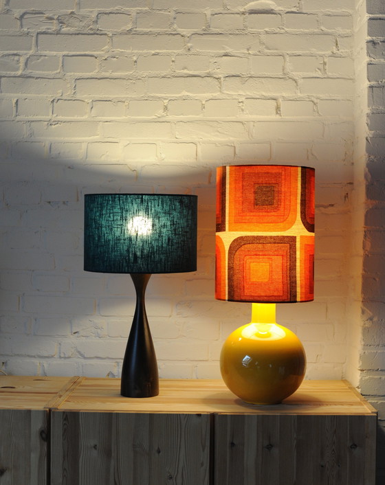 Image 1 of Vintage Yellow Ceramic Lamp Base With New Handmade Lampshade Of Original Vintage Fabric