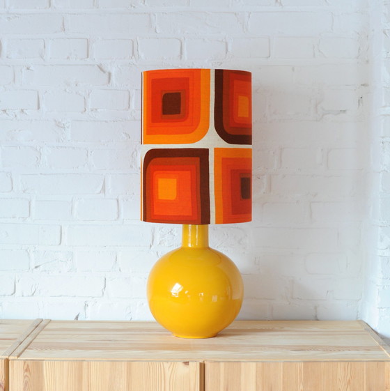 Image 1 of Vintage Yellow Ceramic Lamp Base With New Handmade Lampshade Of Original Vintage Fabric