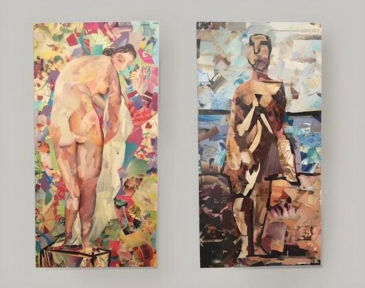 Figurative Collage Art Diptych On Wood