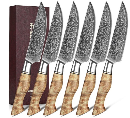 6 Piece Steak Knife Set -Table Knife Set Sycamore Wood Handle Figured