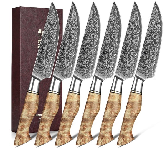 Image 1 of 6 Piece Steak Knife Set -Table Knife Set Sycamore Wood Handle Figured