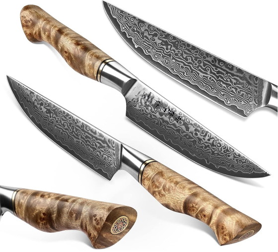 Image 1 of 6 Piece Steak Knife Set -Table Knife Set Sycamore Wood Handle Figured