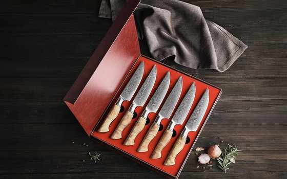 Image 1 of 6 Piece Steak Knife Set -Table Knife Set Sycamore Wood Handle Figured