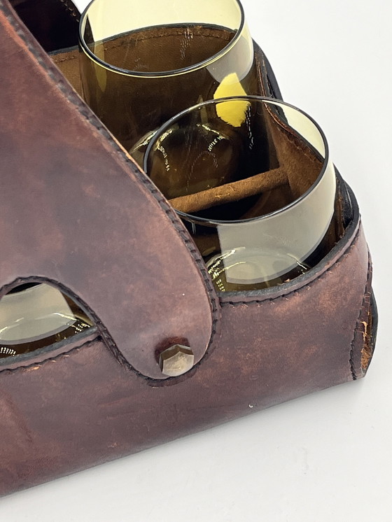 Image 1 of Set Of 6 Glasses With Leather Support