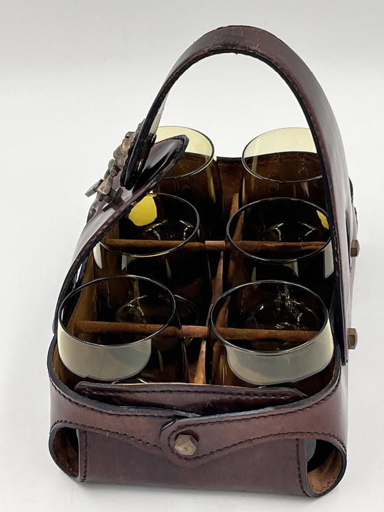 Image 1 of Set Of 6 Glasses With Leather Support