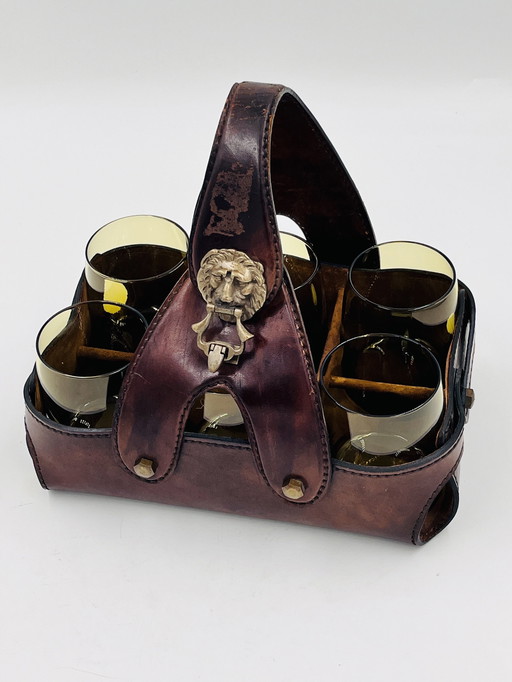 Set Of 6 Glasses With Leather Support